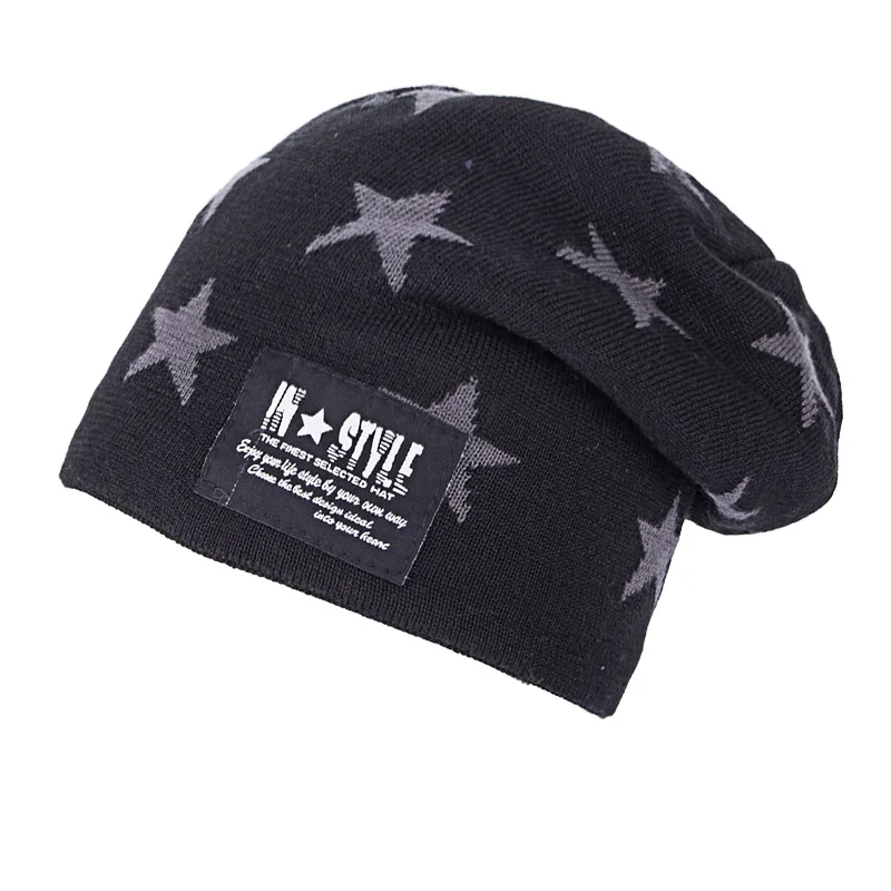 Корейские зимние шапки бини для мужчин Skullies Beanie Hat Зимняя шапка мужская и женская Балаклава Gorras Bonnet вязаная шапка пентаграмма - Цвет: Черный