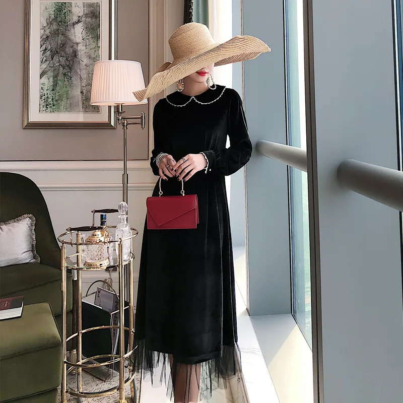 

Meeda French Non-mainstream Skirt New Style Retro Literature And Art GIRL'S Peter Pan Collar Velvet Elegant Elegant Black And Wh