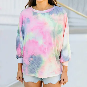 

Women's Tie-dye Printed Long Sleeve T-shirt Round Neck Casual Home T-shirt Loose Comfortable Female T-shirt #3