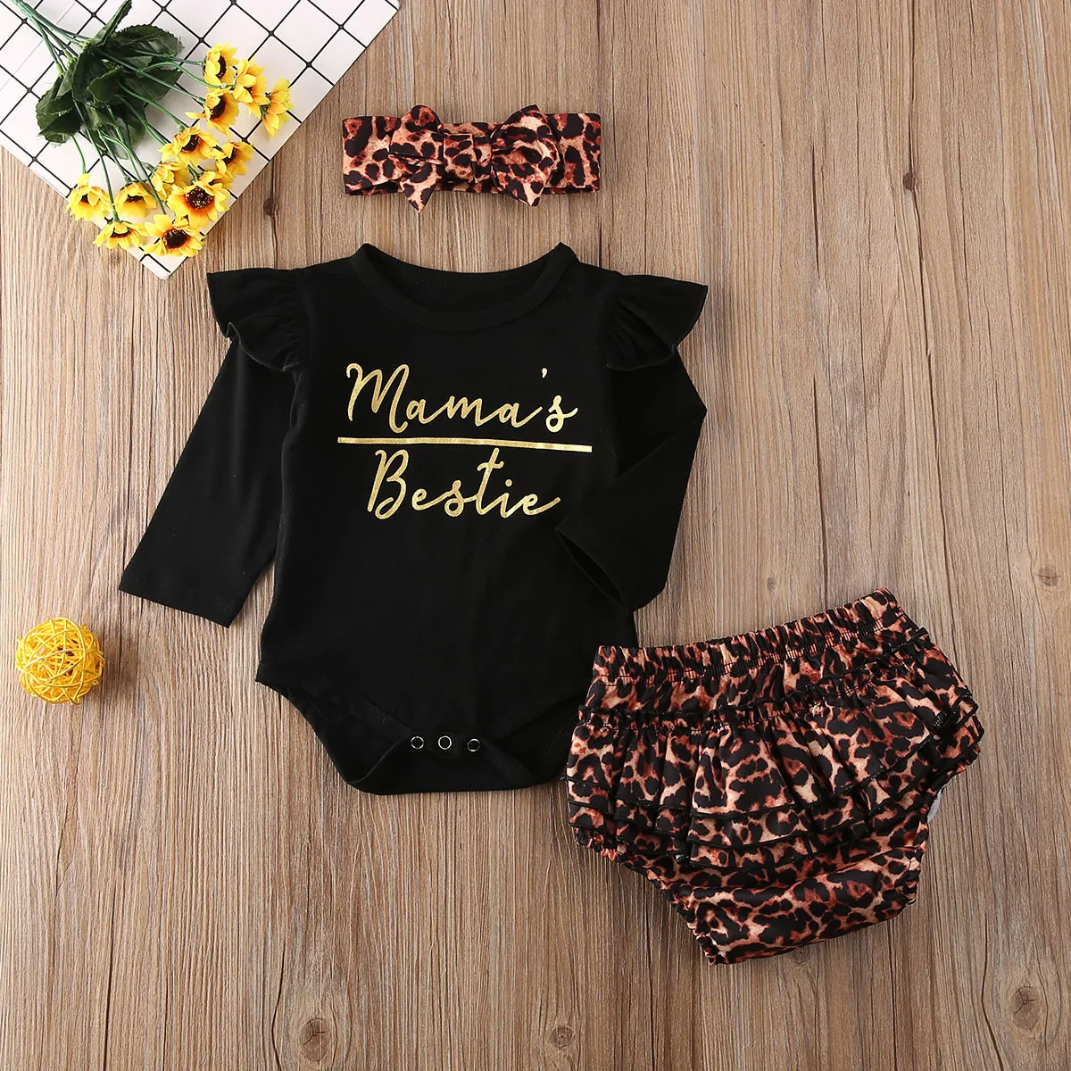 Комплекты одежды для новорожденных девочек из 3 предметов; комбинезон с оборками и буквенным принтом; топы; леопардовые шорты; штаны; повязка на голову; комплект одежды