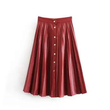 

2019 New Pleated Skirt Autumn Pu Leather Skirt Women Red Casual Loose A Line Solid Fashion High Waist With Buttons Ladies