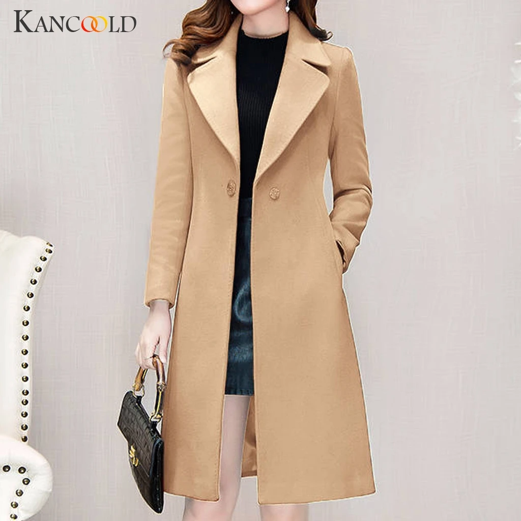 KANCOOLD Женская Длинная тонкая шерстяная ветровка с отворотом, осенняя куртка, повседневное теплое длинное пальто с отворотным воротником и длинным рукавом, зимняя куртка