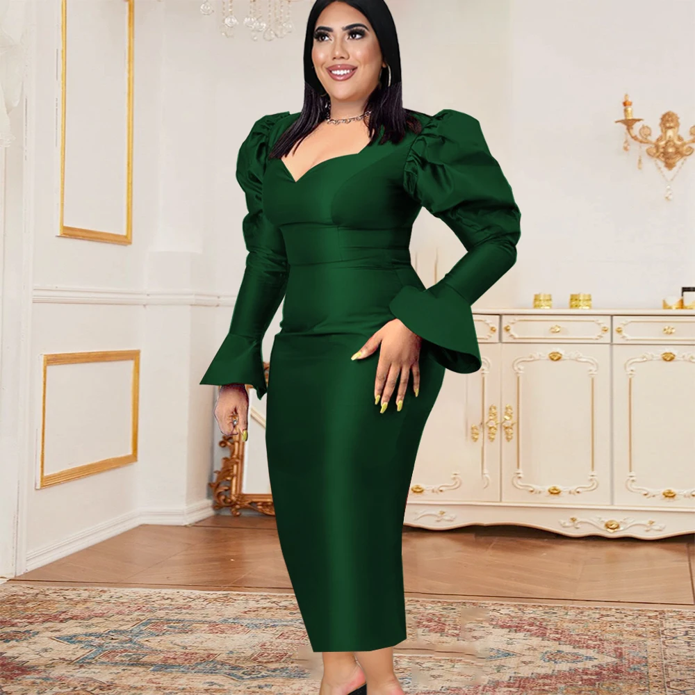 Bodycon Plus Size Dress Sexy V Neck Long Flare Sleeve Brown Green Sheath Midi Length Dresses for Women Evening Cocktail Party 2