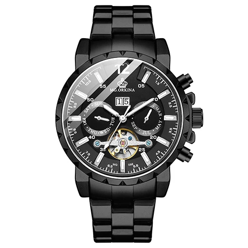 Классические Tourbillon механические наручные часы мужские модные спортивные автоматические часы черные многофункциональные часы из нержавеющей стали - Цвет: Black