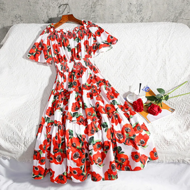 

New 2019 Runway Designer Flower Summer Dress Women's Cold Cut Out Shoulder Slash Neck Red Rose Floral Print Sundress Party Dress