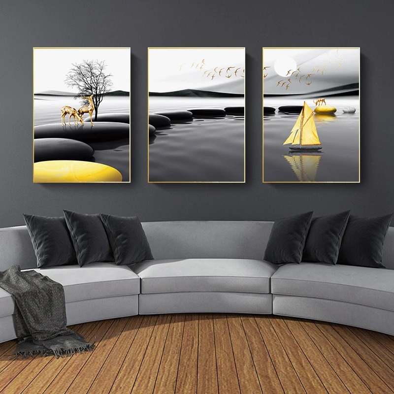 Modern-Landscape-Poster-Black-Yellow-Stone-Boat-Deer-Wall-Art-Canvas-Painting-Nordic-Print-Wall-Pictures (1)