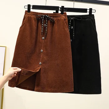 

Corduroy Skirts Womens High Waist Plus Size A-line Casual Mid-calf Buttons Autumn New Black Khaki Femme Skirt 4xl 5xl