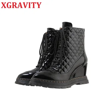 

XGRAVITY New Fashion Winter Shoes Branded Genuine Leather Pointed Toe Thich Sole Platform Boots Women Wedge Boots Ladies Shoes