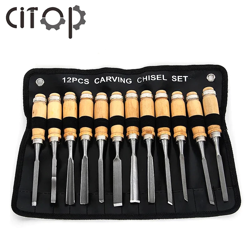 Citop 12Pcs/set Wood Carving Chisels Manual Wood Carving Hand Chisel Carpenters Carving Chisel