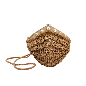 

Fashion Woven Straw Bags Wooden Top Handle Clip Bag Buckle Pearl Women Shoulder Messenger Bags Lady Handbag Beach Crossbody Bag