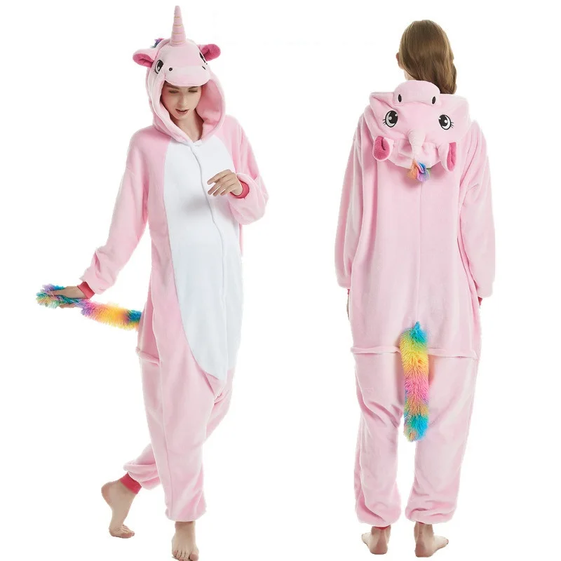 Зимние пижамы с животными, шитая Пижама, единорог, пижама, набор комбинезонов, Кигуруми для женщин и мужчин, унисекс, фланелевые Комбинезоны для взрослых - Цвет: Pink Pegasus