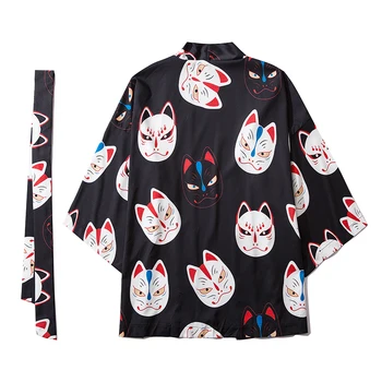 

Kimonos Loose Print Shirts Belt Men Japanese Couple Haori Chinese Traditional Coats Janpan Clothes Women Samurai Style Cardigan