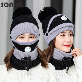 

SONDR Autumn Winter Women's Hat Caps Knitted Warm Scarf Windproof Multi Functional Hat Scarf Set Suits Accessory