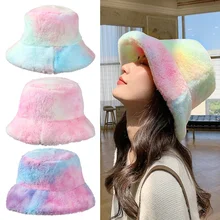 

Winter Faux Fur bucket Hat for Women Girls Fashion Rainbow Fishing Cap Soft Thick Plush Hats Winter Outdoor Warm Caps