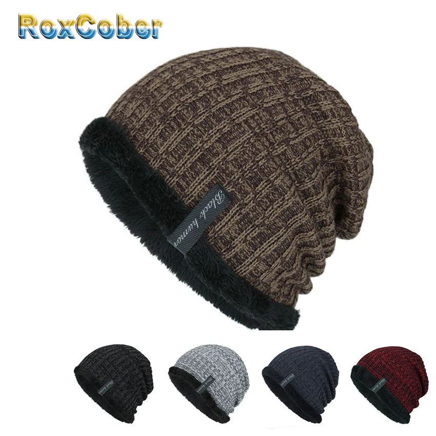 RoxCober зимние теплые шапки Skullies вязаные шерстяные плюс бархатные шапки gorros mujer invierno головные уборы для мужчин и женщин шапки