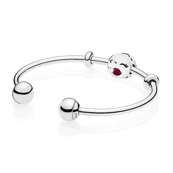 

NEW 925 Sterling silver Cute Kiss Open Bangle Gift Set Clear CZ fit DIY Original charm Bracelets jewelry A set of prices