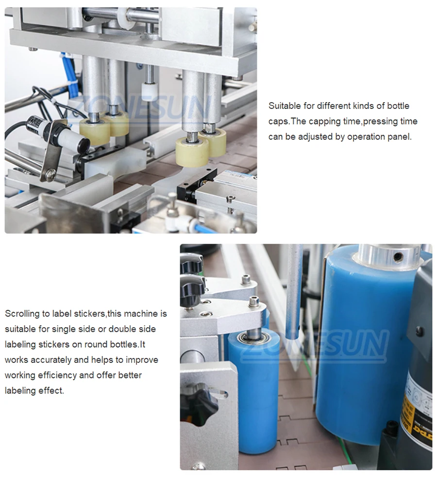 ZONESUN Fully Automatic 4 Heads Magnetic Pump Round Bottles Liquid Filling Capping Labeling Machine