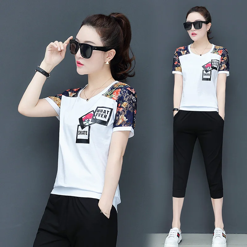 New Sports Suit Women's Summer Fashion Casual Running Wear Large Size Short-sleeved Two-piece Seven-minute Pants