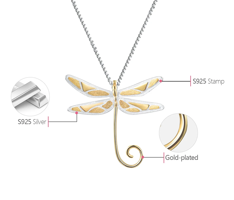 Lotus Fun Real 925 Sterling Silver Natural Handmade Fine Jewelry 18K Gold Cute Dragonfly Pendant for Women Gift