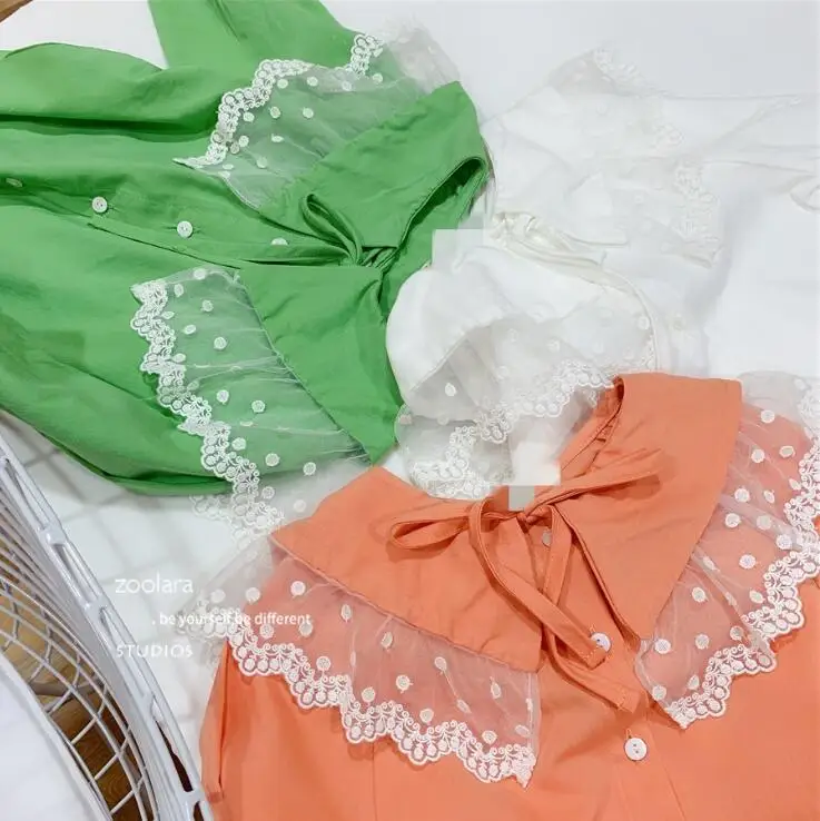 Новая стильная рубашка для девочек, Весенняя хлопковая кружевная модная блузка для девочек, 3-8 лет, PO44