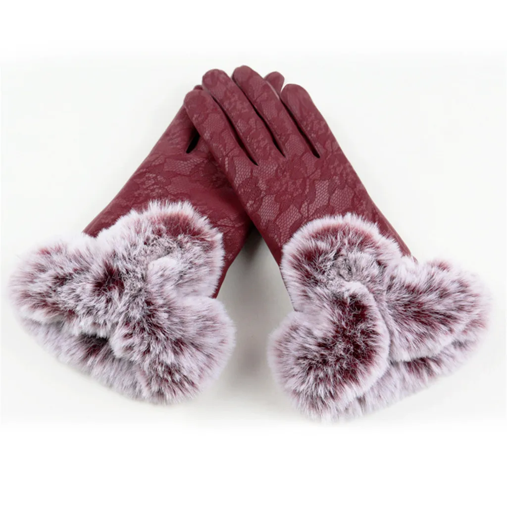 Женские зимние Бархатные кружевные перчатки, теплые для использования телефона, для велоспорта, перчатки для бега, кожаные перчатки, зимние перчатки, rekawiczki guantes#14 - Цвет: Красный