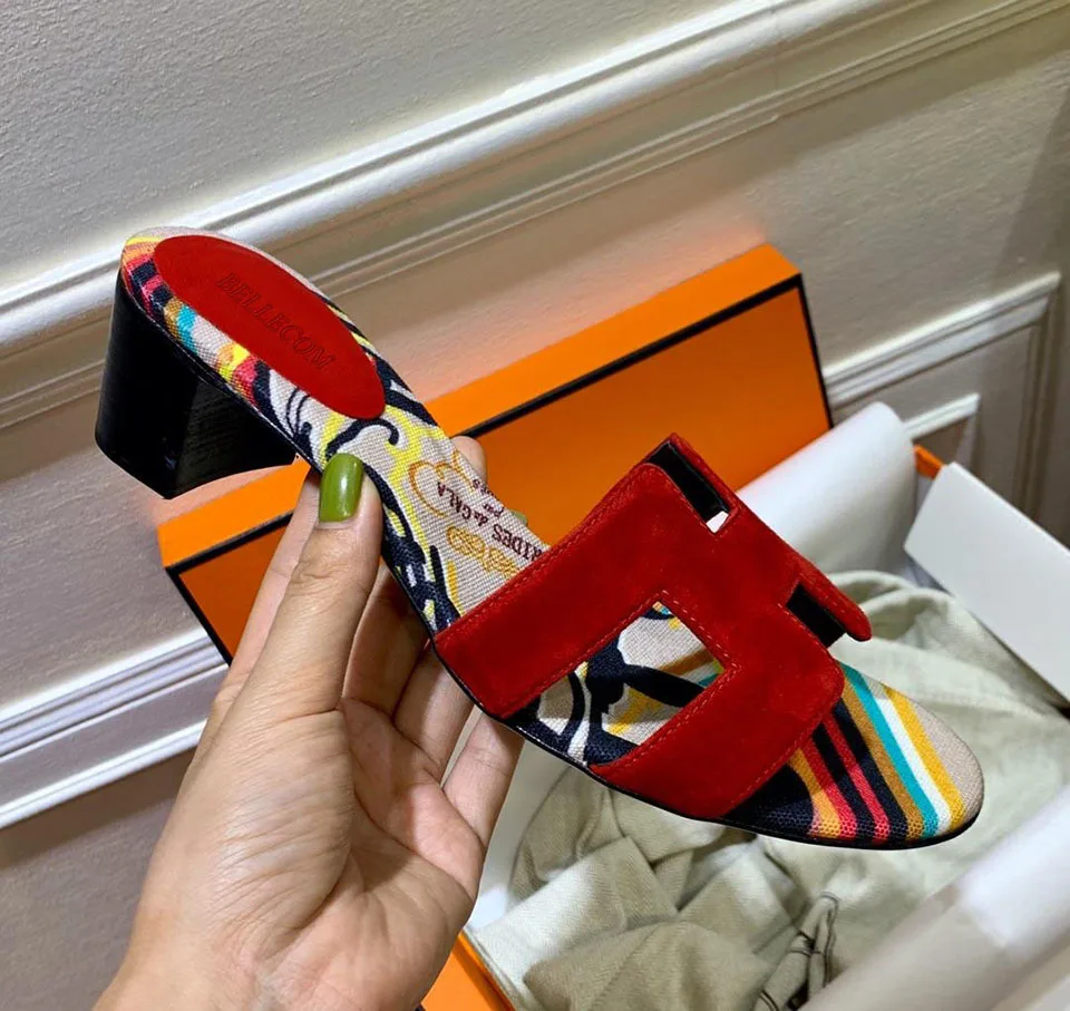 

BELLECOM 2019 Summer New Coarse-heeled Outside Slippers Fashion H High-heeled Baitao Slippers