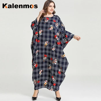

Kalenmos Muslim Kaftan Abaya Dress Plaid Ramadan Islamic Women Bat Sleeve Floral Loose Hijab Dresses Caftan Dubai Arab Long Robe