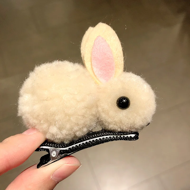 Cute Colorful Plush Rabbit Headband For Girls Sweet Hair Clip Elastic Hair Band Hairpin Ponytail Holder Fashion Hair Accessories - Цвет: beige hairpin
