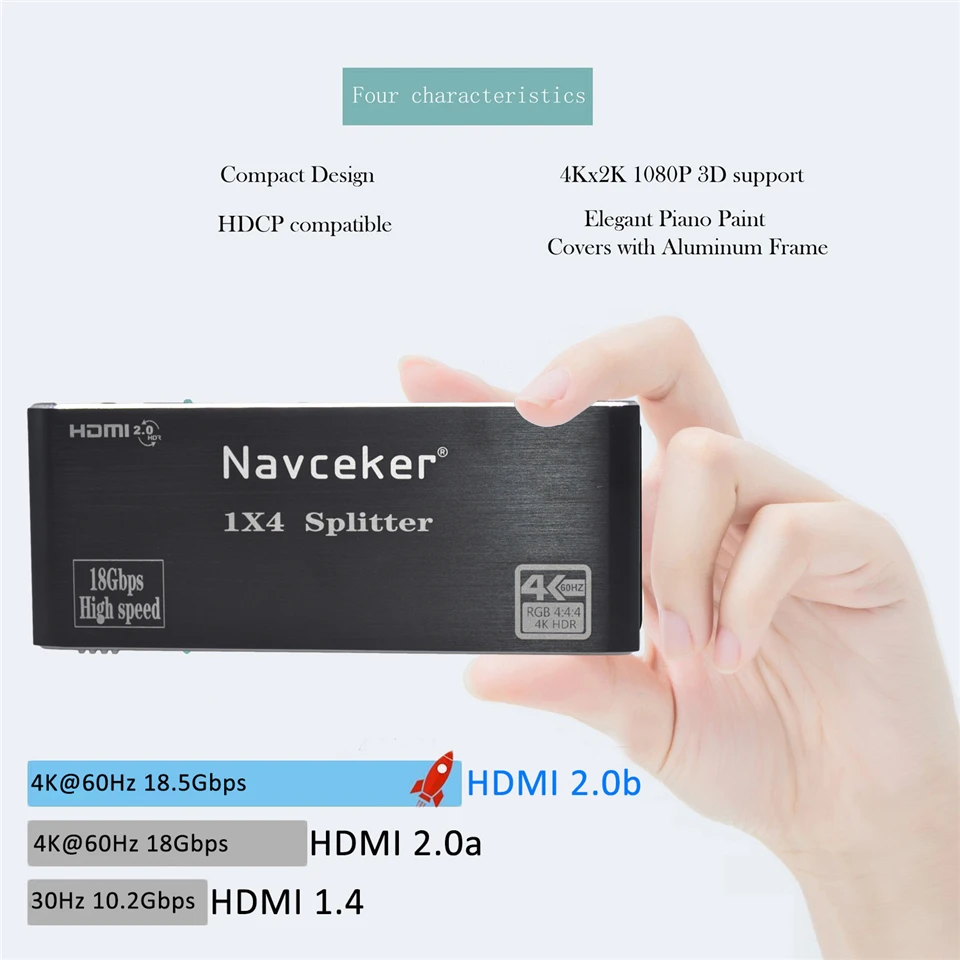  Navceker 4K 1x4 HDMI 2.0 Splitter HDR HDMI Splitter 1x2 4K HDMI Splitter HDCP 2.2 1080P HDMI Splitt