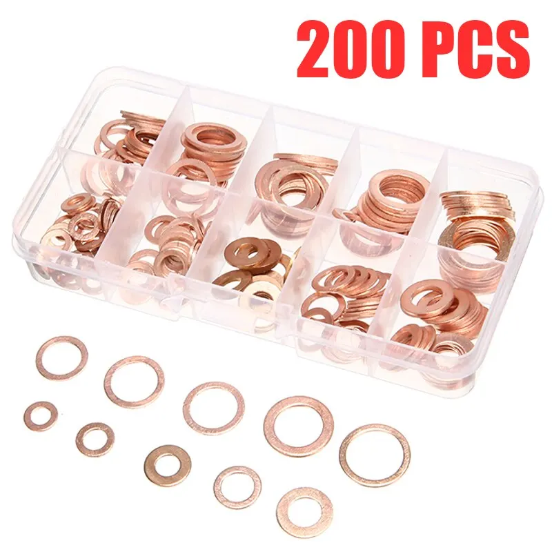 Mayitr 200pcs Solid Copper Washer M5-M14 Full Gasket Seal Flat Ring Fuel Hydraulic Fittings Set for Auto Hardware Tools