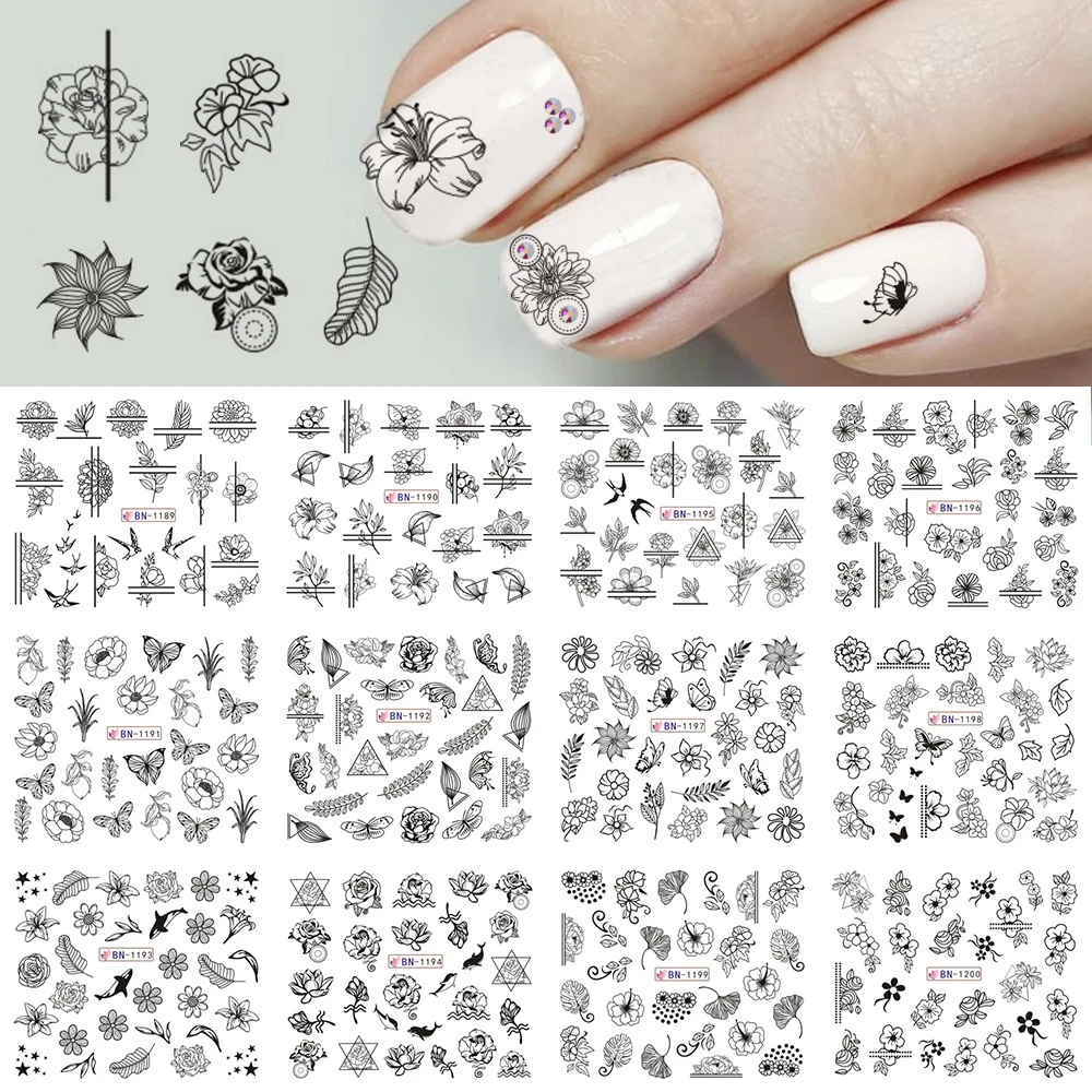 12 デザインマニキュア透かしはがき Diy 黒花スタイルシリーズステッカーネイルアートデコネイルアートネイルステッカー Stickers Decals Aliexpress