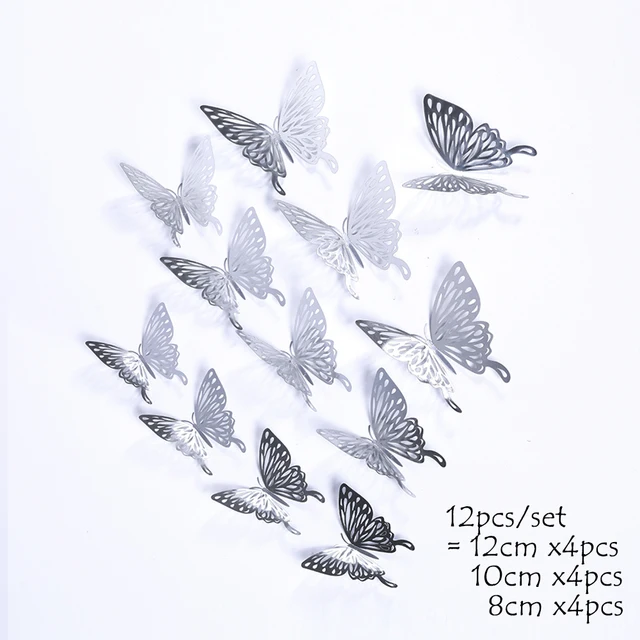 12Pcs 4D Hollow Butterfly Wall Sticker DIY Home Decoration Wall Stickers wedding Party Wedding Decors Butterfly Kids Room Decors silver 6