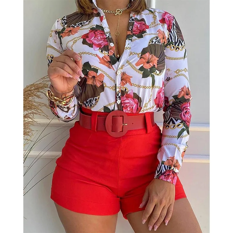 Conjunto de pantalones cortos de talla grande para verano, blusas estampadas de larga, de un solo pecho, pantalones cortos de cintura alta, conjunto de dos piezas a la moda - AliExpress