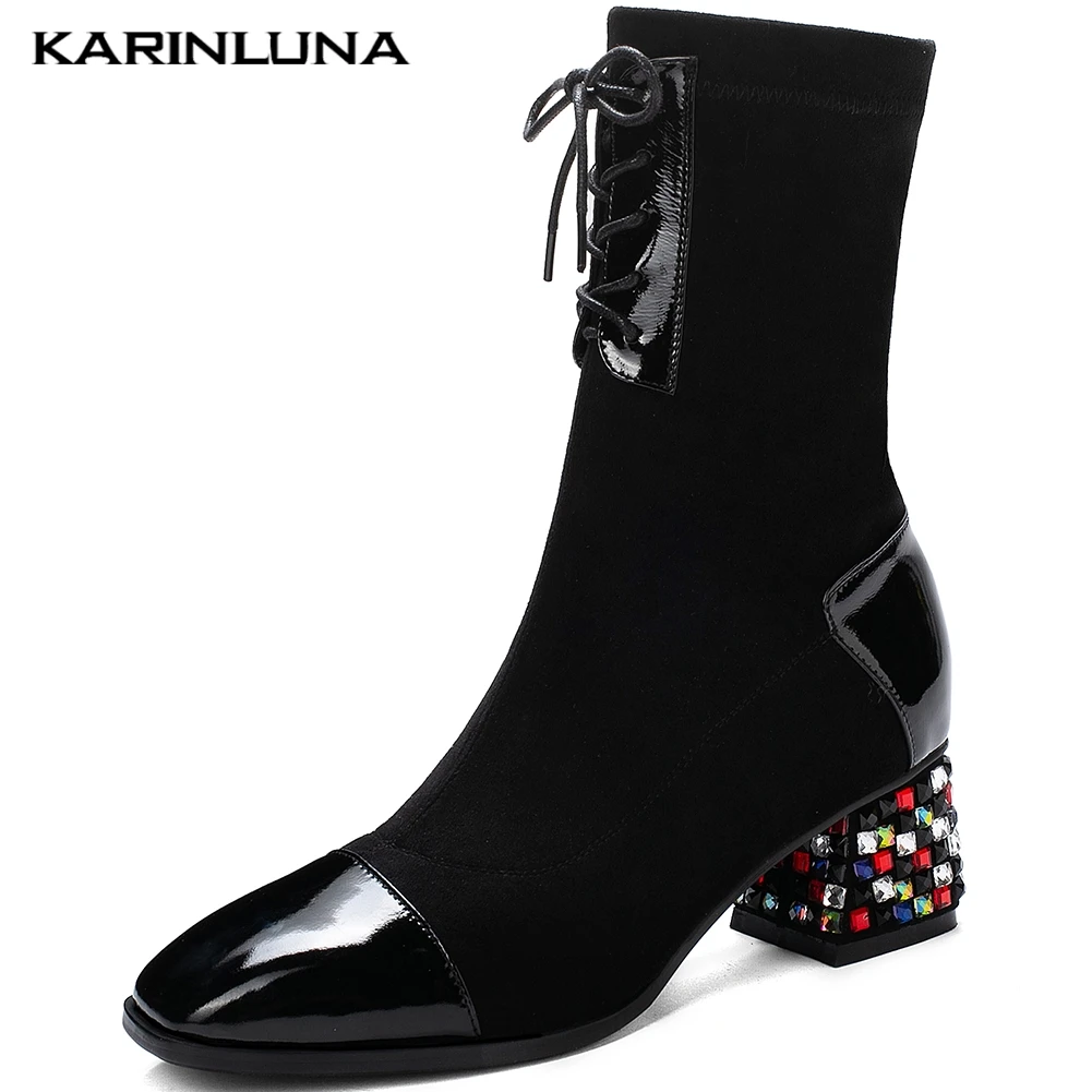 

Karinluna 2019 new arrivals High Quality big Size 43 Ankle Boots Woman Shoes Lace Up Chunky Heels Cool Boots Women Shoes