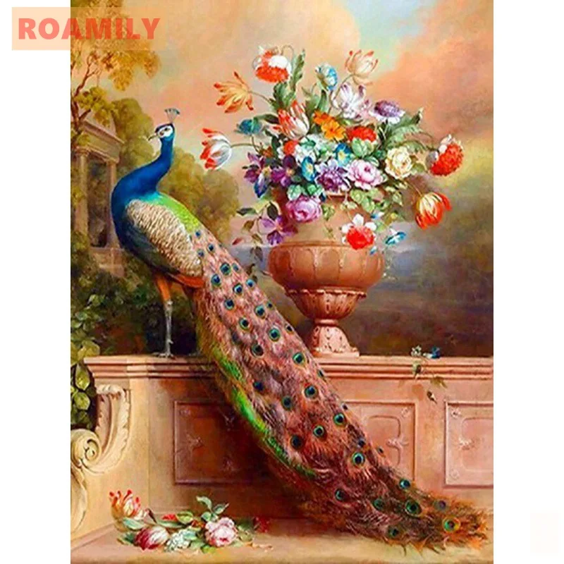 

Diamond Embroidery Peacock,ROAMILY,5D Full Display Diamond Painting,Embroidered With Rhinestones,Picture On Wall