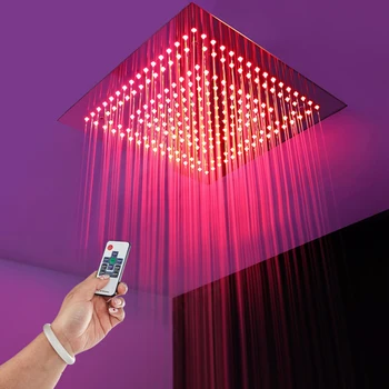 

Colorful LED Light Rain Shower System Remote Control Bathroom Showerheads Rainfall Square 16 Inch Chrome Shower Panel Ceiling
