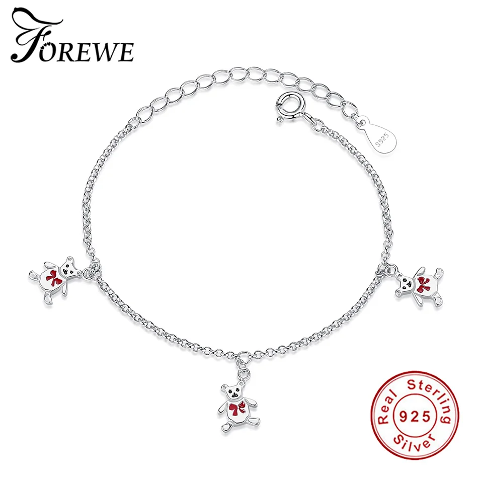 FOREWE, подлинный 925 пробы, серебряный браслет-цепочка для детей, для девочек, милый медведь, животное, амулет, браслет, Детский Рождественский подарок