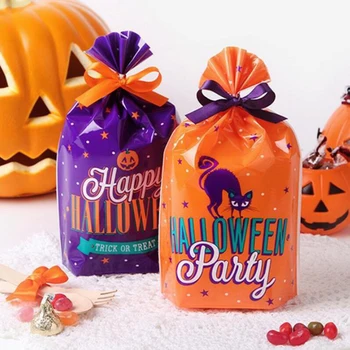 

100PCs Halloween Candy Bag Cartoon Gift Bags Plastic Goody Cookie Bag Candy Bags Flat Food Pocket Halloween Trick Or Treat Bags