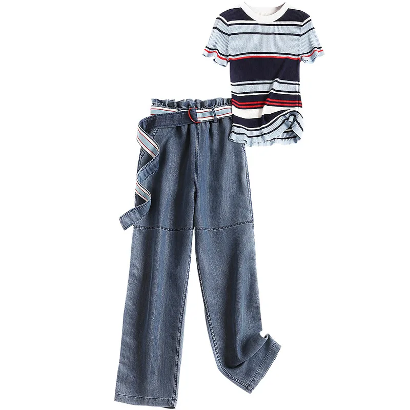

New Summer Autumn Women Pants 2Piece Set Fashion Designer Striped Knit Top and High Waist Jeans Trousers Suit Set Office Outfits