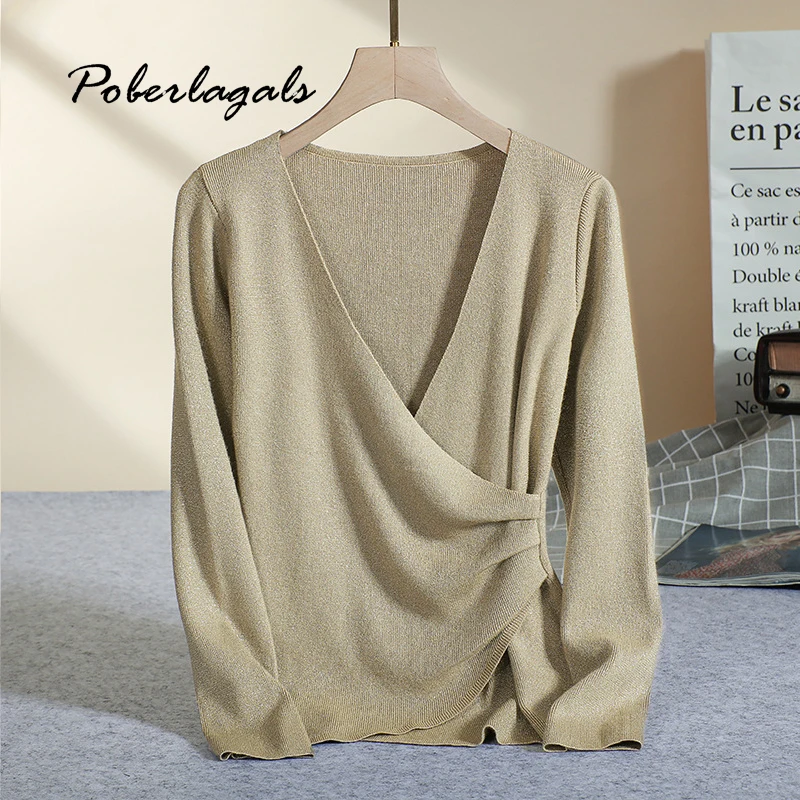 Autumn Women Pullover knitted CROSS shiny metallic yarn splicing 2019 Winter V-neck sweater Sweaters female Oversize Pullovers | Женская