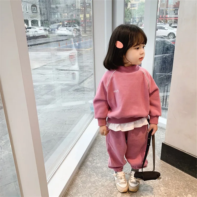 pink round collar Г. Комплект повседневной одежды для мальчиков и девочек, теплый зимний бархатный костюм детские толстовки с капюшоном, куртки+ брюки комплекты детской одежды - Цвет: pink round collar