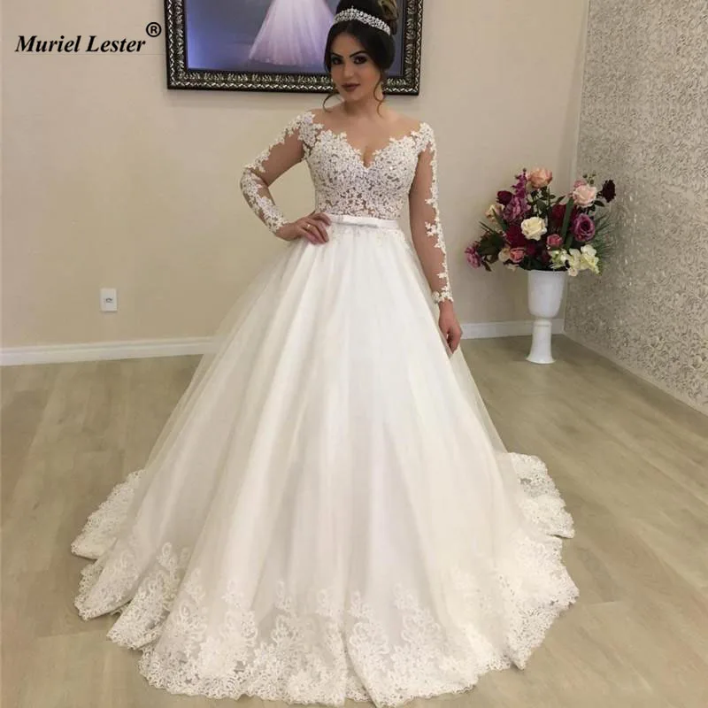 Luxury Lace Princess Ball Gown Wedding Dresses Sheer Neck Illusion Long Sleeves Appliques Country Bridal Dress Vestido De Noiva sexy wedding dresses