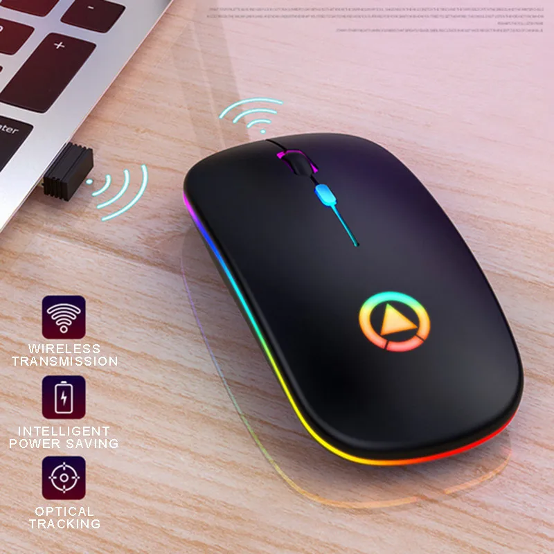 Ratón inalámbrico recargable RGB para ordenador, Mouse silencioso retroiluminado con LED ergonómico para juegos, portátil y PC