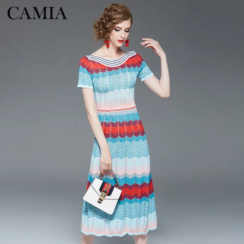 CAMIA vestido longo с вырезом лодочкой, золотистой линией, с полым контрастным цветом, с короткими рукавами, вязаное элегантное платье, женское платье