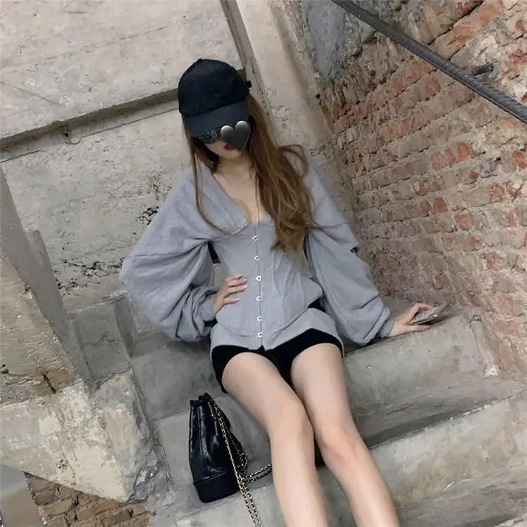 Autumn Zip Hoodie Women Sweatshirt Slim Grey Corset Fashion Workout Gym Sport Jacket Buckle Blouse