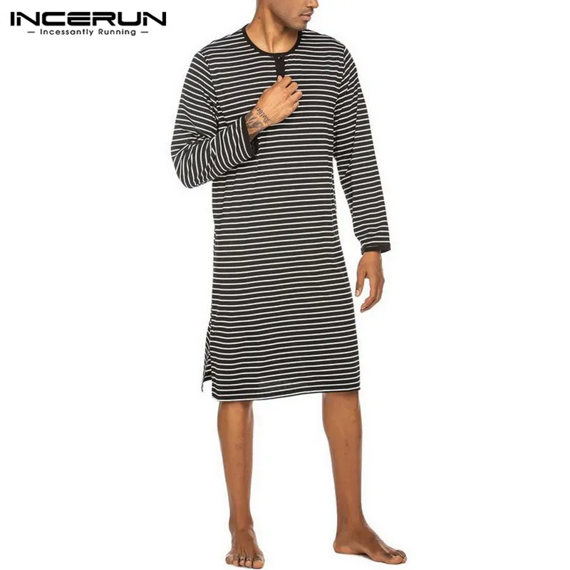 Men Striped Sleep Tops Long Sleeve Round Neck Loose Nightgrown Casual