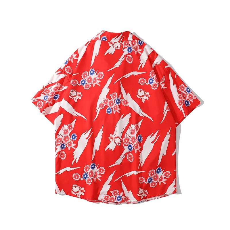 Men Shirt Short Sleeve 2021 New Summer Fashion Retro Flowers Male Shirt Thin Comfortable Student Korean Style Black Red S04