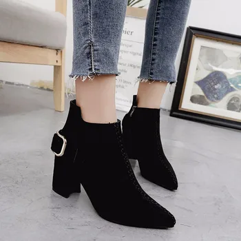 

2019 booties suede thick with high heels autumn and winter new belt buckle pointed fashion wild daily Martin boots tide