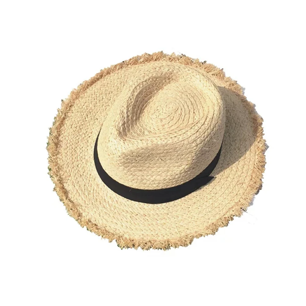 Новинка, шляпа от солнца с широкими полями из рафии для женщин и мужчин, сетчатая джазовая Кепка, Панама, широкополая шляпа, летняя соломенная шляпа, короткая Синяя пляжная шляпа с поясом - Цвет: 1