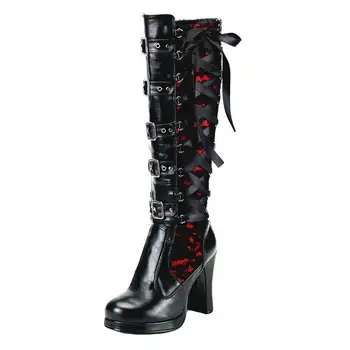 

Sexy Knee-High Motorcycle Boots Women Leather Winter Knight Rider Long Boots Lace Bow Punk Cosplay High Heels Booties Shoes Bota